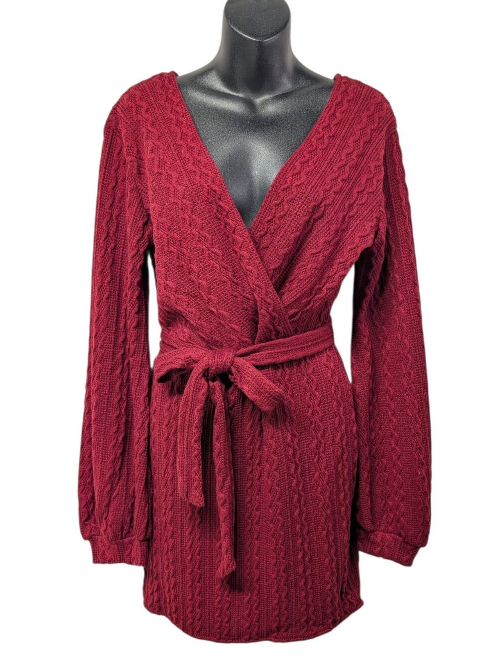 CBRAND Women's Red Knit Wrap Sweater Dress V-Neck Belted Tie XL Short